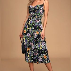 Lulus Black Floral Print Cowl Neck Midi Dress